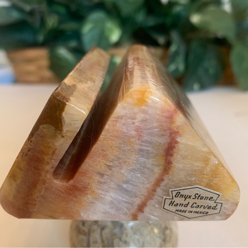 Vintage Onyx Calcite Card Holder Office Desk Accessory Banded Red & Pink 3.2"